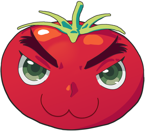 A drawing of a tomato with a >:3 face (my profile picture)